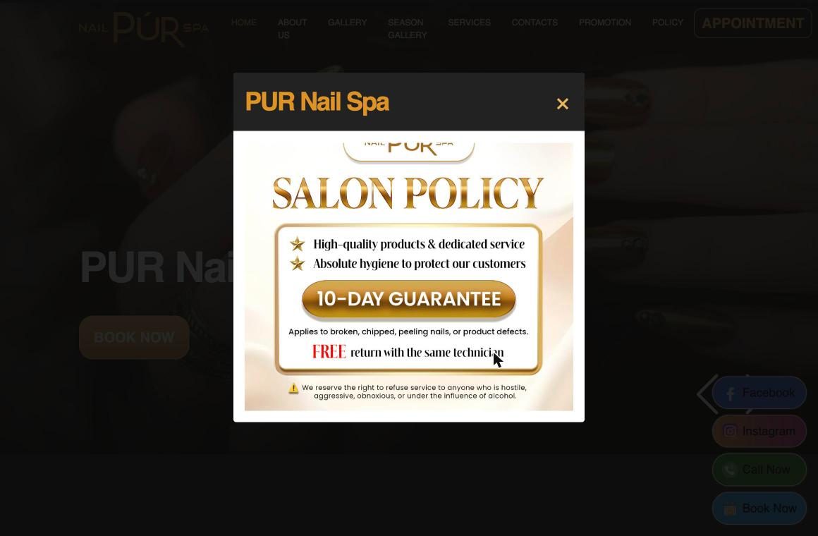 The current PUR Nail Spa homepage with a policy popup covering the page